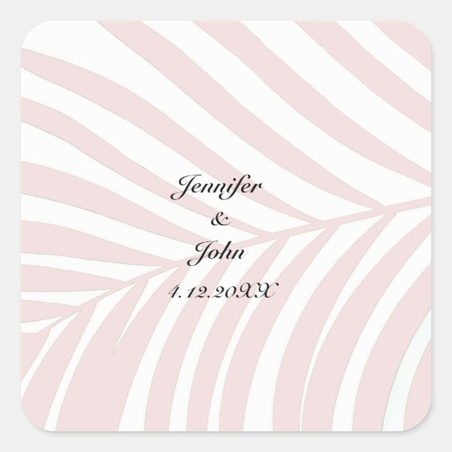 Tropical Palm Tree Leaves Wedding Names Peach Pink Square Sticker (Front)