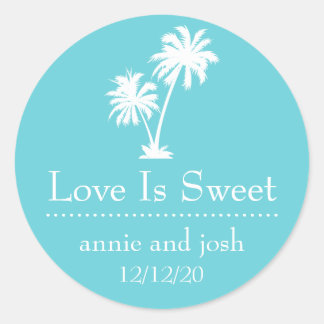 Tropical Palm Tree Love Is Sweet Label (Turquoise)