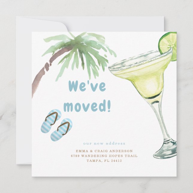 Tropical Palm Tree Margarita We've Moved Invitation (Front)