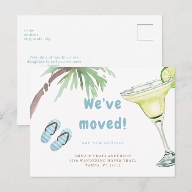 Tropical Palm Tree Margarita White We've Moved Postcard (Front/Back)