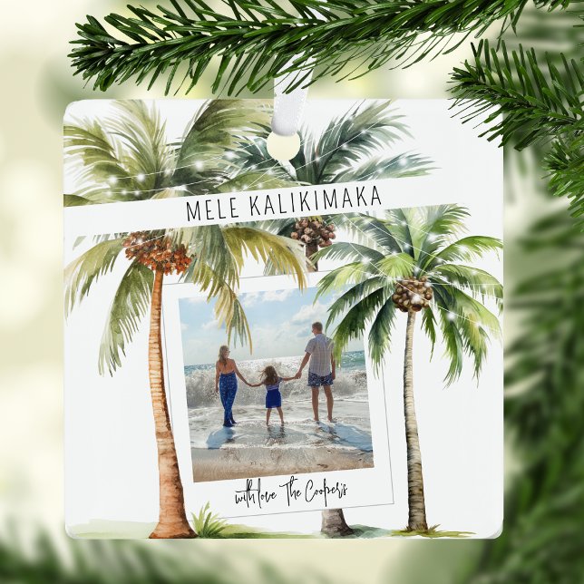Tropical Palm Tree Mele kalikimaka Christmas Metal Ornament (Creator Uploaded)