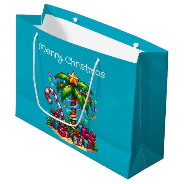 Tropical Palm Tree Merry Christmas Large Gift Bag (Front Angled)