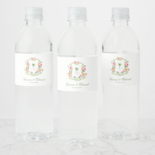 Tropical Palm Tree Monogram Crest Beach Wedding Water Bottle Label