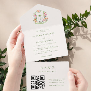 Tropical Palm Tree Monogram QR Code Beach Wedding All In One Invitation