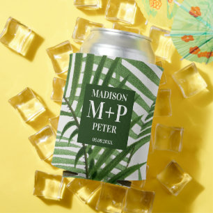 Tropical Palm Tree Monogrammed Wedding Album Can Cooler