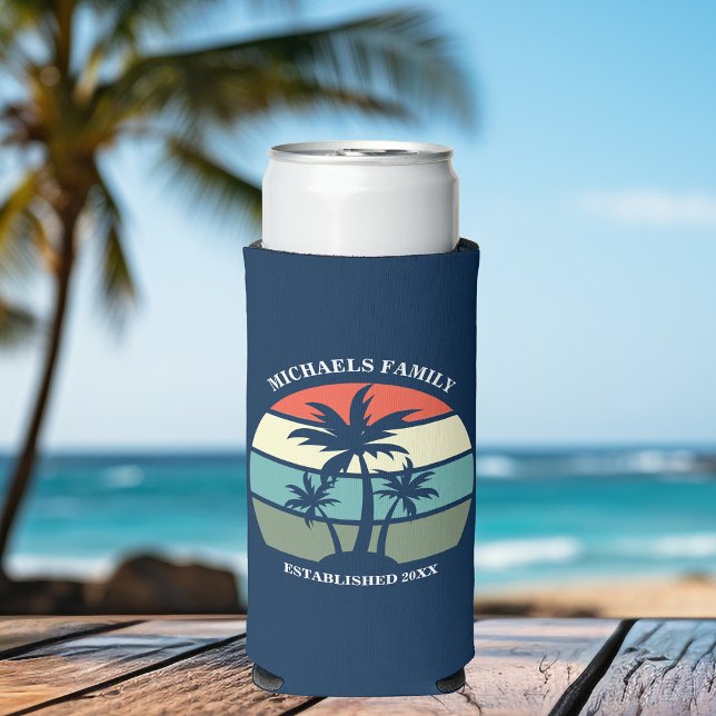 Tropical Palm Tree Navy Blue Sunset Beach House Seltzer Can Cooler (Creator Uploaded)