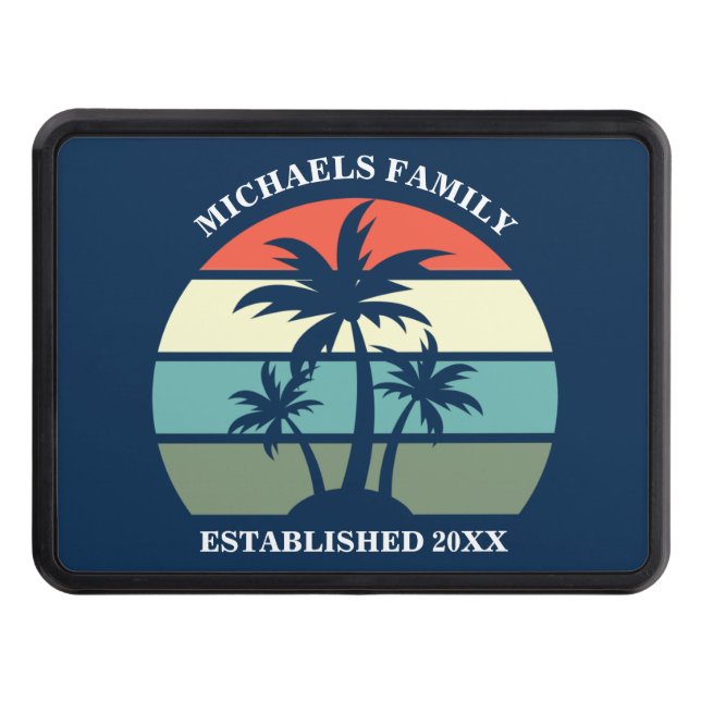 Tropical Palm Tree Navy Blue Sunset Beach Trailer Hitch Cover (Front)