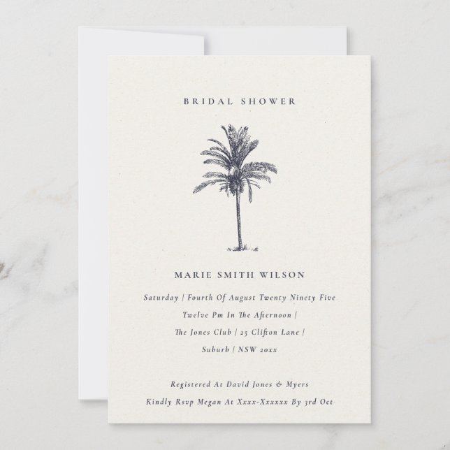 Tropical Palm Tree Navy Kraft Bridal Shower Invite (Front)