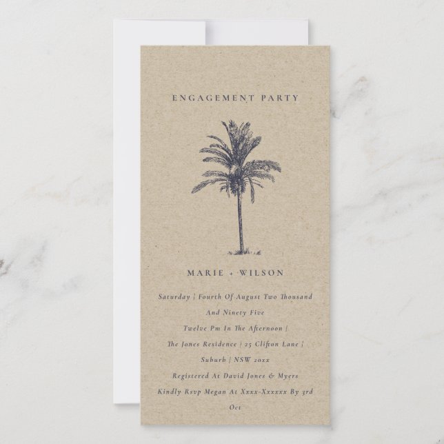 Tropical Palm Tree Navy Kraft Engagement Invite (Front)