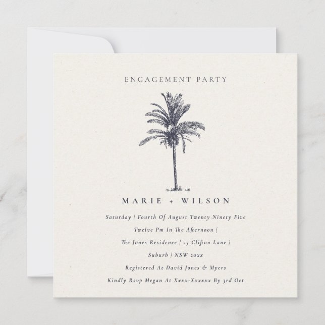 Tropical Palm Tree Navy Kraft Engagement Invite (Front)