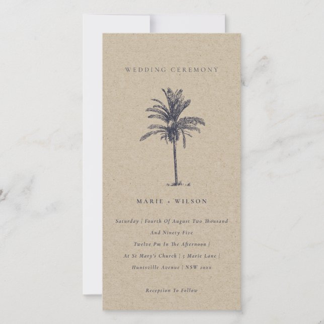Tropical Palm Tree Navy Kraft Wedding Invite (Front)