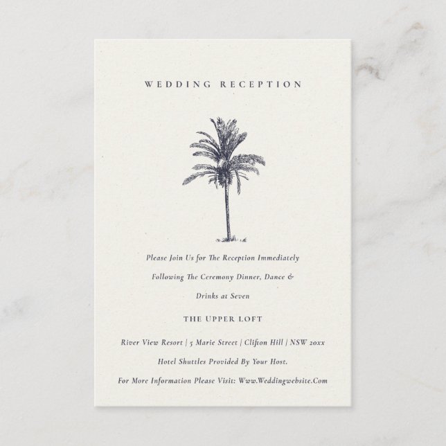 Tropical Palm Tree Navy Kraft Wedding Reception Enclosure Card (Front)