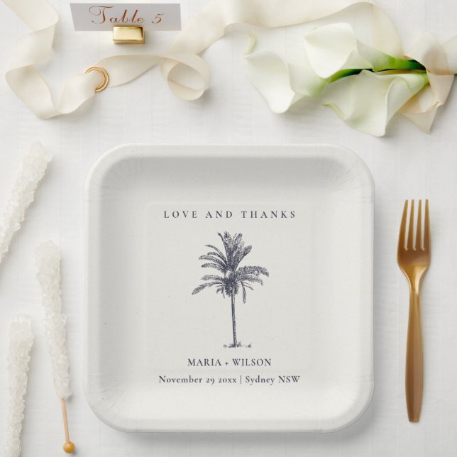 Tropical Palm Tree Navy Kraft Wedding Thanks Paper Plate (Wedding)
