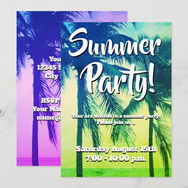 Tropical palm tree neon colour summer party invitation (Front/Back)