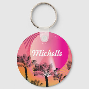 Tropical Palm Tree Neon Pink Pattern Name  Keychain