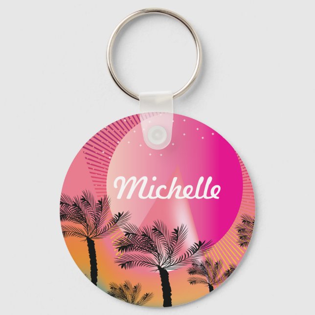 Tropical Palm Tree Neon Pink Pattern Name  Keychain (Front)