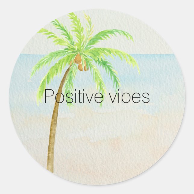 Tropical Palm Tree Ocean Beach     Classic Round Sticker (Front)
