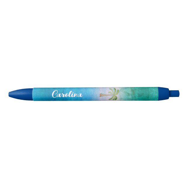 Tropical Palm Tree Ocean Blue Green Weathered Name Black Ink Pen (Front)
