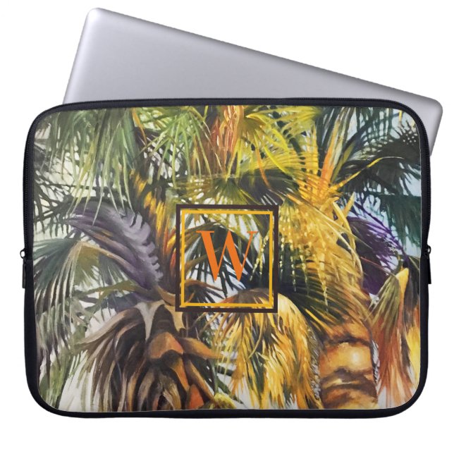 Tropical Palm Tree Painting with Monogram Laptop Sleeve (Front)