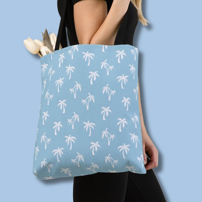 Tropical Palm Tree pattern baby blue Tote Bag (Light blue & white palm tree tote bag)