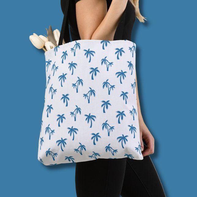 Tropical Palm Tree pattern blue Tote Bag (White/Blue palm tree tote bag)