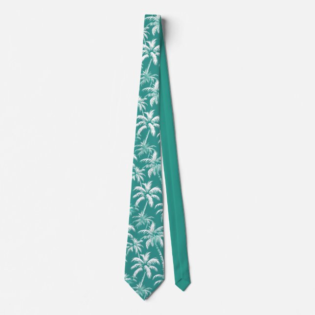 Tropical Palm Tree Pattern Teal Coastal Style Tie (Front)