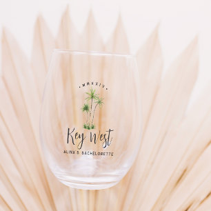 Tropical Palm Tree Personalized Bachelorette Party Stemless Wine Glass