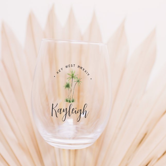 Tropical Palm Tree Personalized Bachelorette Party Stemless Wine Glass (Creator Uploaded)
