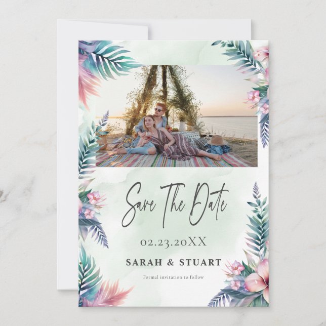 Tropical palm tree Photo QR Code Save The Date Invitation (Front)