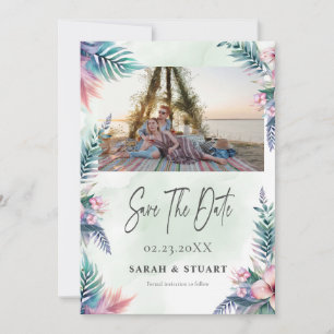 Tropical palm tree Photo QR Code Save The Date Invitation