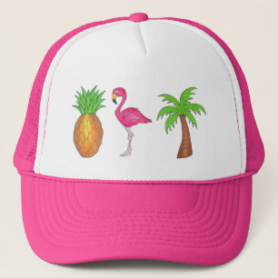 Tropical Palm Tree Pineapple Pink Flamingo Bird Trucker Hat