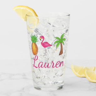 Tropical Palm Tree Pineapple Pink Flamingo Glass