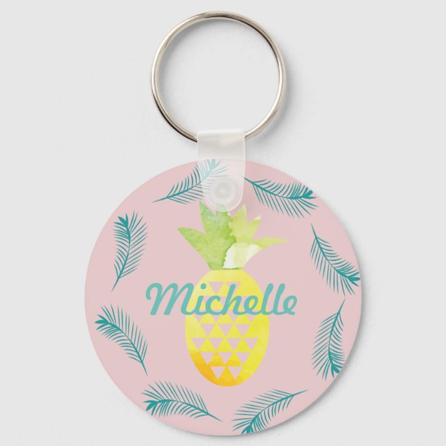 Tropical Palm Tree Pineapple Pink Name   Keychain (Front)