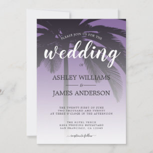 Tropical Palm Tree Purple Beach Wedding Invitation