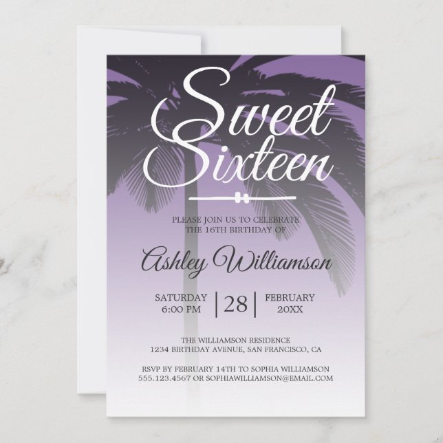Tropical Palm Tree Purple Sweet 16 16th Birthday Invitation (Front)