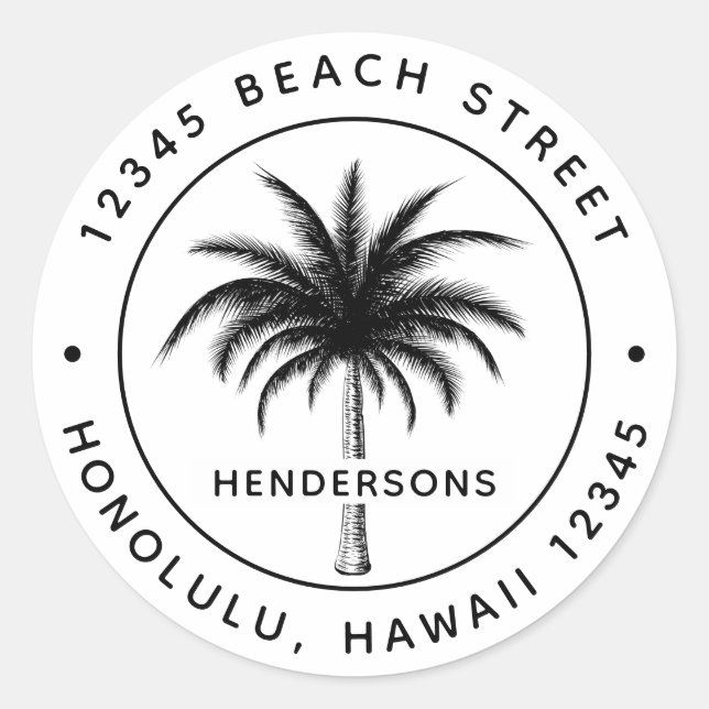 Tropical Palm Tree Round Return Address Classic Round Sticker (Front)