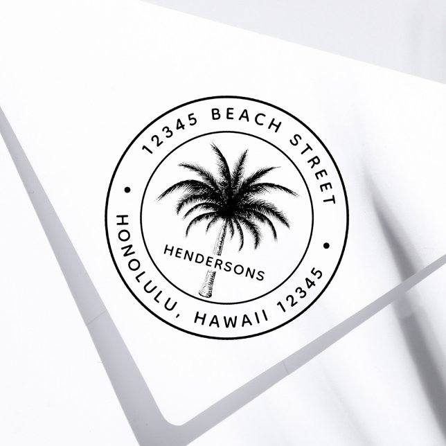 Tropical Palm Tree Round Return Address Rubber Stamp (Creator Uploaded)