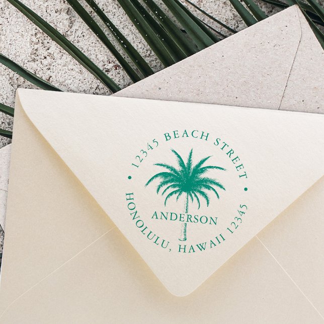 Tropical Palm Tree Round Return Address Rubber Stamp (Creator Uploaded)