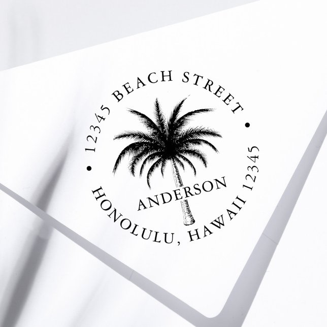 Tropical Palm Tree Round Return Address  Self-inking Stamp (Creator Uploaded)