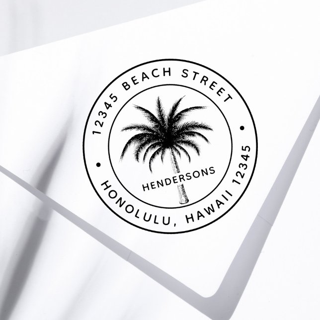 Tropical Palm Tree Round Return Address  Self-inking Stamp (Creator Uploaded)