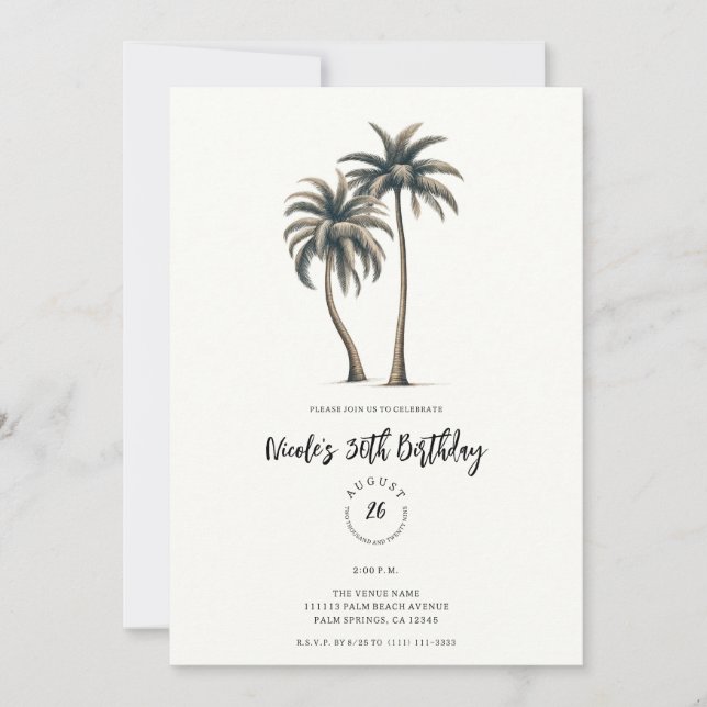 Tropical Palm Tree Rustic Coastal Birthday Party Invitation (Front)