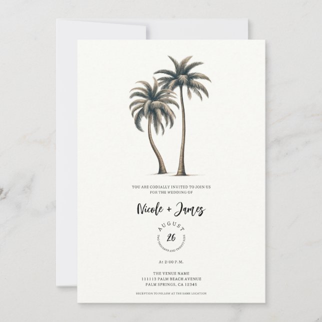 Tropical Palm Tree Rustic Coastal Wedding Invitation (Front)