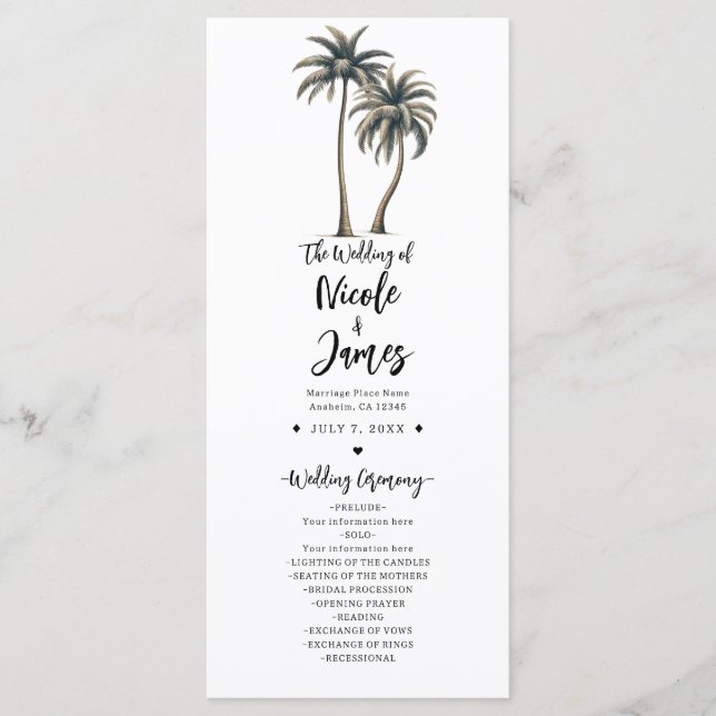 Tropical Palm Tree Rustic Coastal Wedding Program (Front)