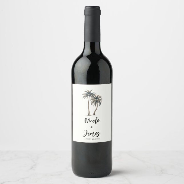 Tropical Palm Tree Rustic Coastal Wedding Wine Label (Front)