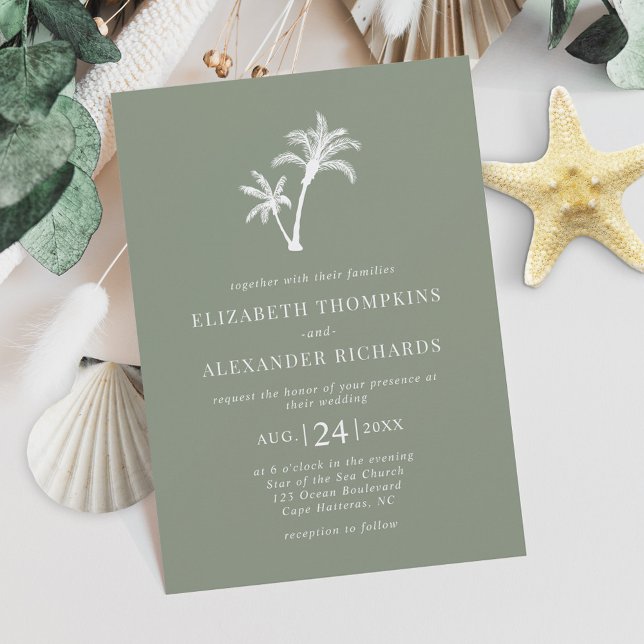 Tropical Palm Tree Sage Green Beach Wedding Invitation (Creator Uploaded)