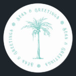 Tropical Palm Tree Seas and Greetings Christmas Classic Round Sticker<br><div class="desc">Send your holiday greetings this year with this tropical palm sticker featuring the words "Seas & Greetings" between snowflakes.</div>