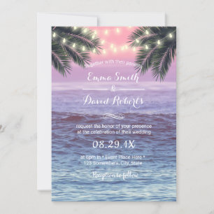 Tropical Palm Tree & String Lights Beach Wedding Invitation