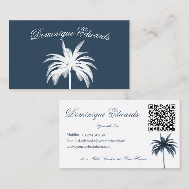 Tropical Palm Tree Stylish Blue White QR  Business Business Card (Front/Back)