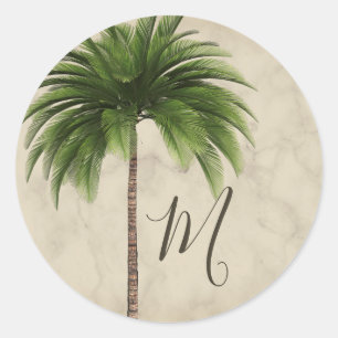 Tropical Palm Tree Stylish Marbled Monogram Classic Round Sticker