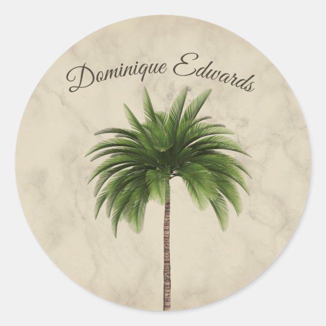 Tropical Palm Tree Stylish Marbled Personal Classic Round Sticker (Front)